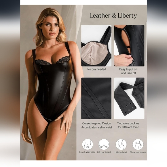 Popilush Black Faux Leather Lace Shapewear Tummy Control Bodysuit Size 3XL - Picture 3 of 11